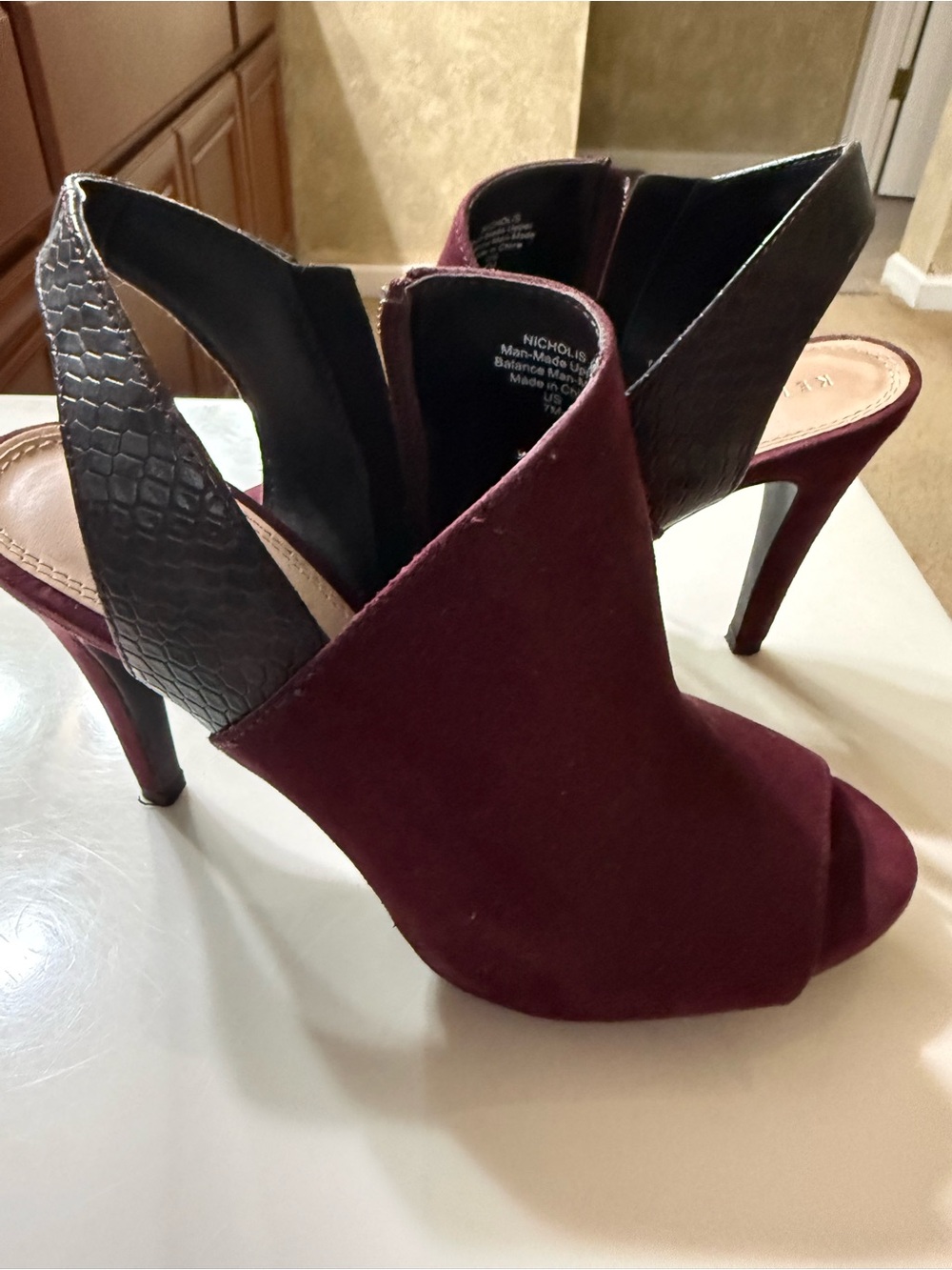 Kelly & Katie Burgundy and Dark Brown snake skin Peep-Toe High Heel Slingbacks